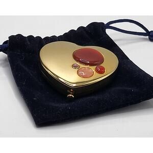 Estee Lauder Lucidity Compact Heart Gold Tone Glass Cabochon Stones w/ Pouch